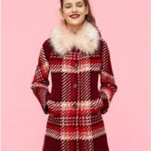 Zara Red Plaid Coat with Faux Fur Collar